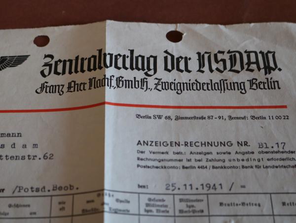Anzeigenrechnung des Zentralverlages der NSDAP 1941